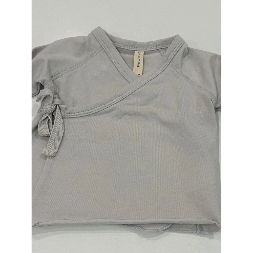 Quincy Mae Organic Cotton Wrap Top and Footed Pant Set Oat Gray 0-3M NWT